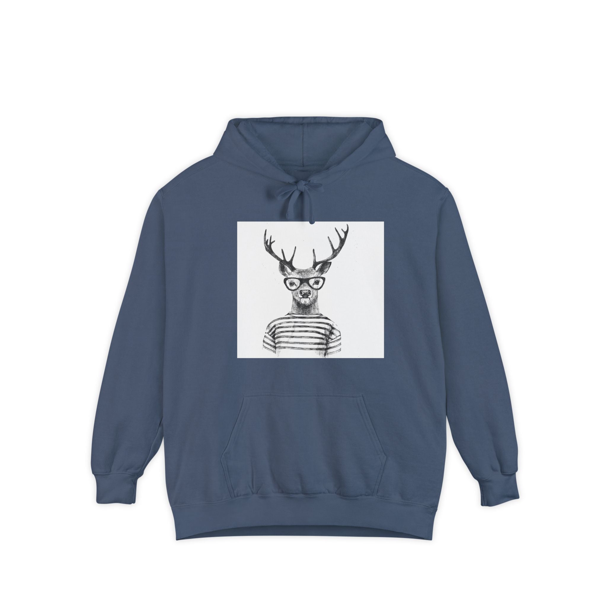 Deer in Glasses Hoodie — Hipster Stag Graphic Pullover (Joyful Script Back)